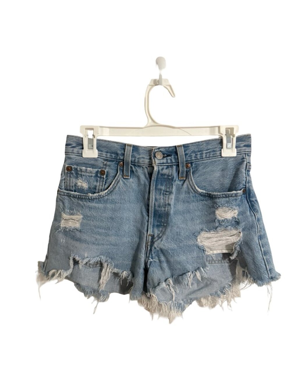 Levis 501 Jean Shorts Womens 26 Blue Distressed Raw Hem Denim Casual High Rise